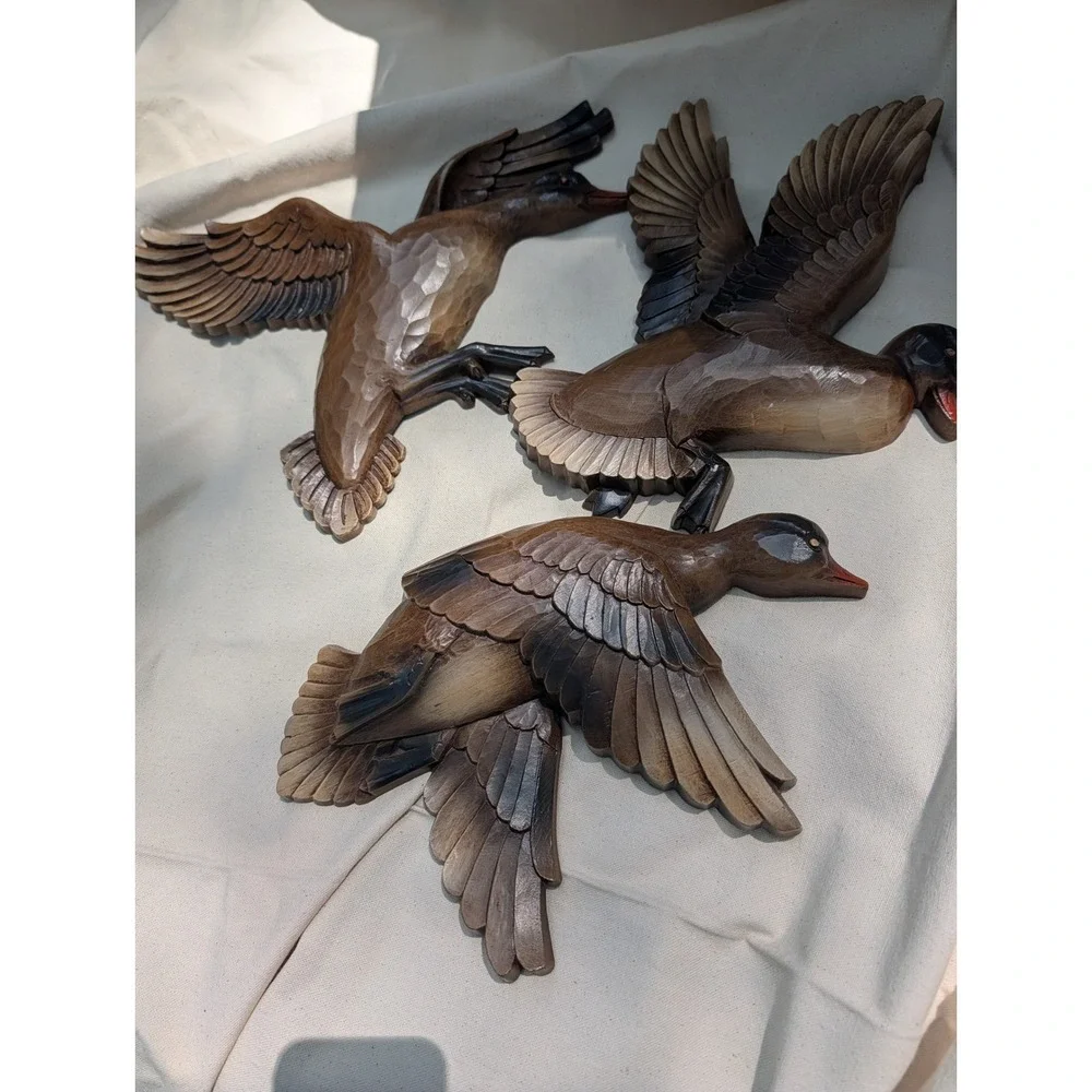 1961 Set of 3 Flying Mallard Ducks Syroco Wall Art Mid Century MCM Brown 4262